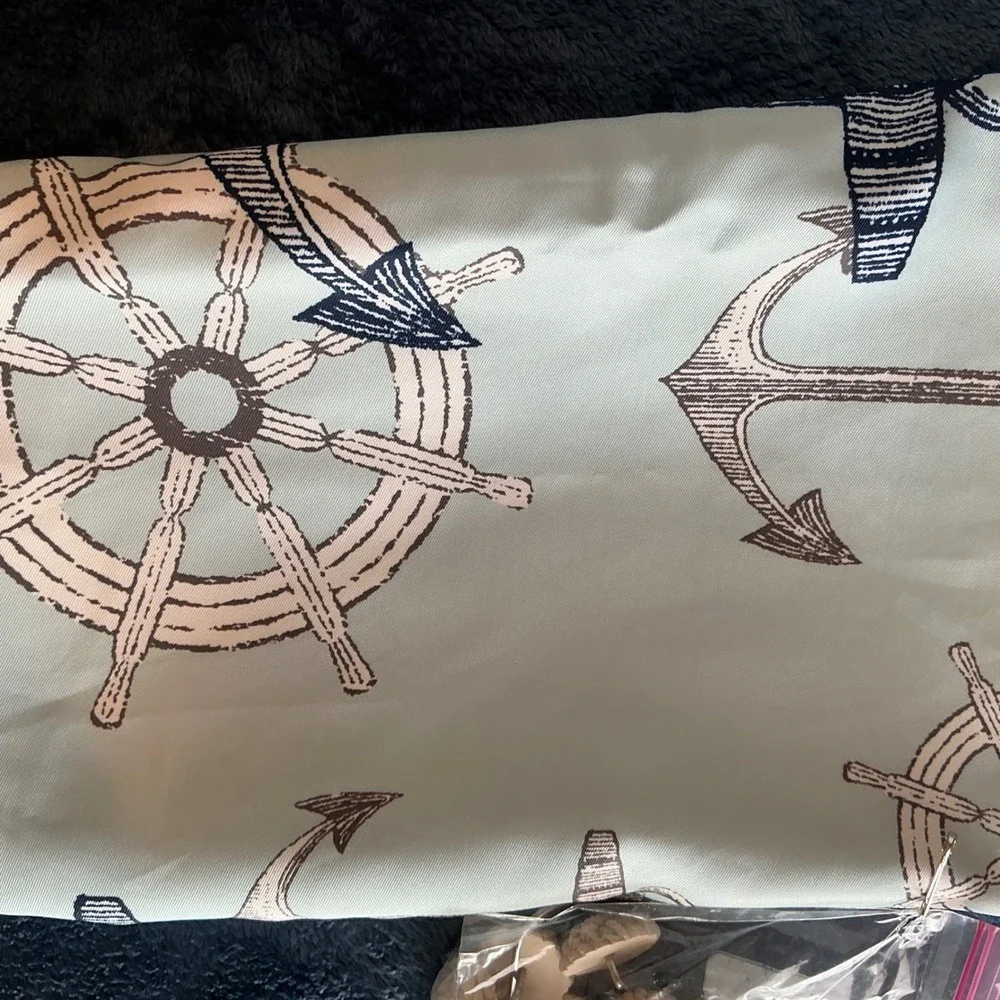 Nautical Anchor Ship Wheel Shower Curtain Set Seafoam Green Navy Blue with Hooks